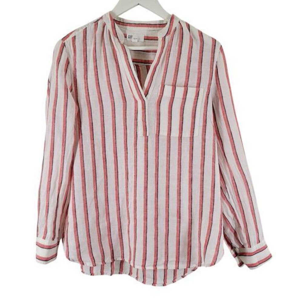 GAP Linen Blouse Popover Womens Small Red White Stripe V Neck Nautical‎ Coastal